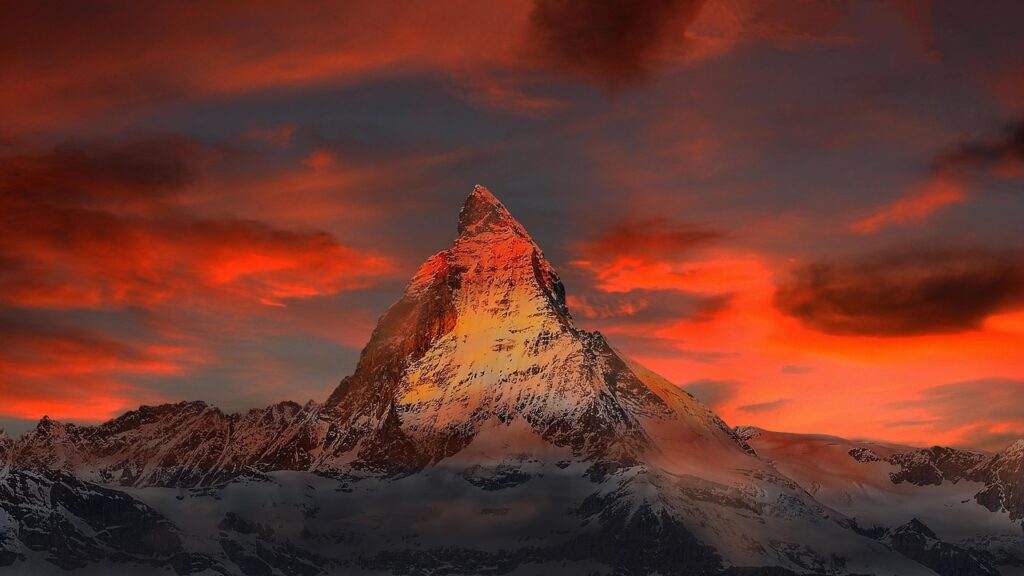mountains, snow, sunset, dusk, twilight, peak, summit, nature, mountain top, mountain view, sky, clouds, snow mountains, switzerland, zermatt, matterhorn, alpine, gornergrat, monte rosa, landscape, snow matterhorn, high mountains, valais