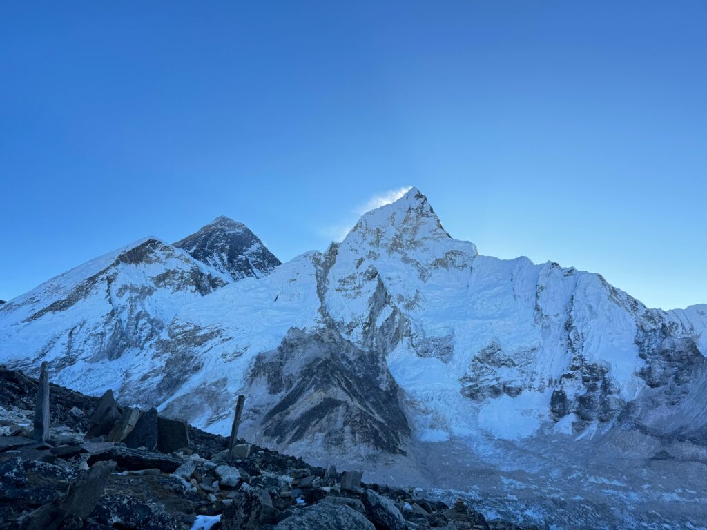 Stunning snowy peaks of Nuptse and Everest in the Himalayas during winter.